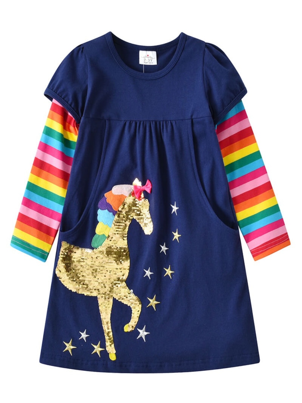 Vikita Kids Navy Unicorn Sequin Dress with Rainbow Sleeves VGUC